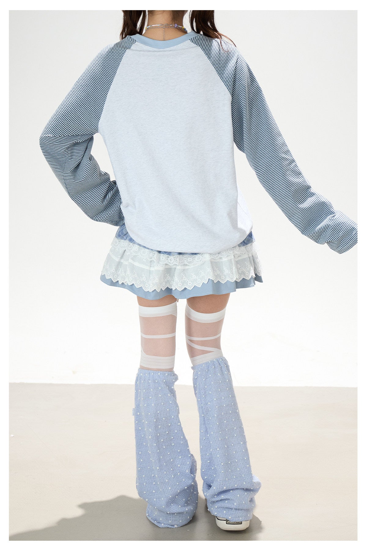 Striped Raglan Angel Graphic Long Sleeve Tee & Blue Plaid Lace Ruffle Skirt