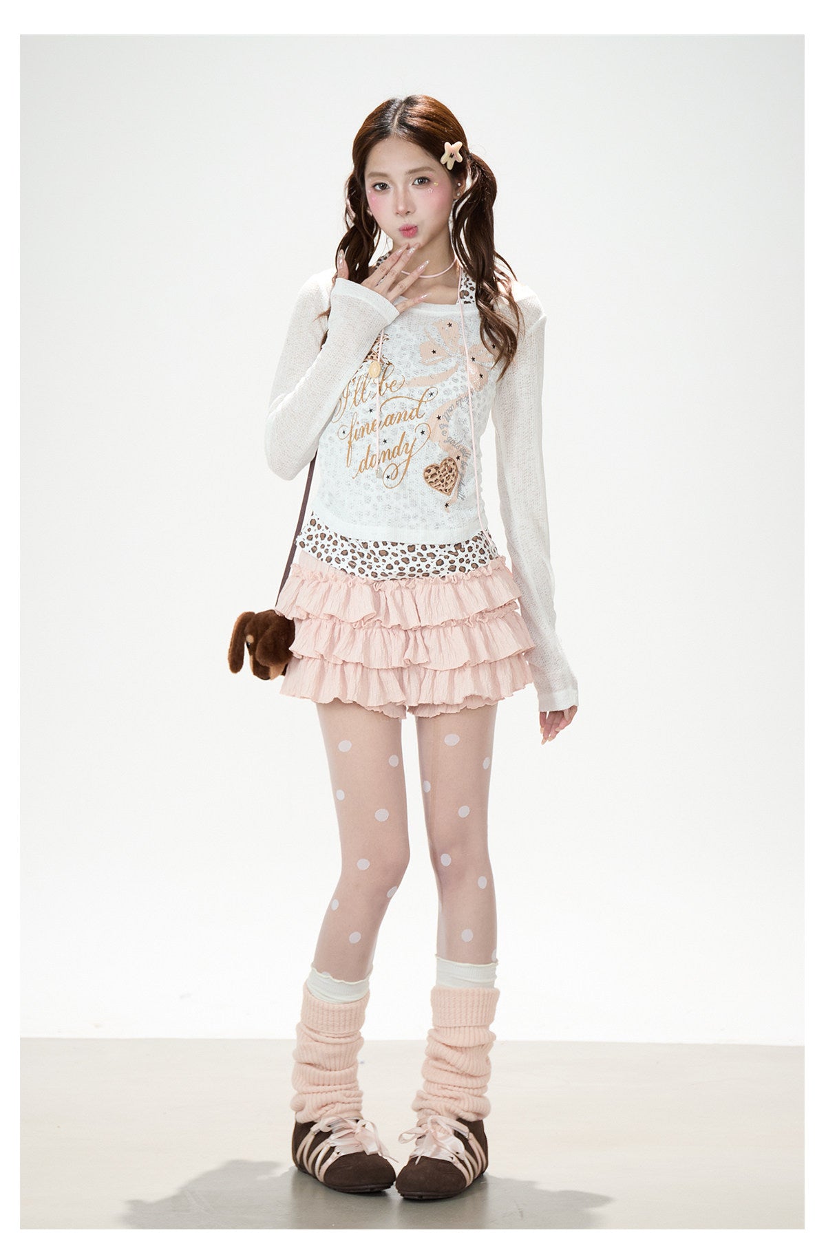 Leopard Layered Halter Long Sleeve Top & Pink Tiered Ruffle Mini Skirt