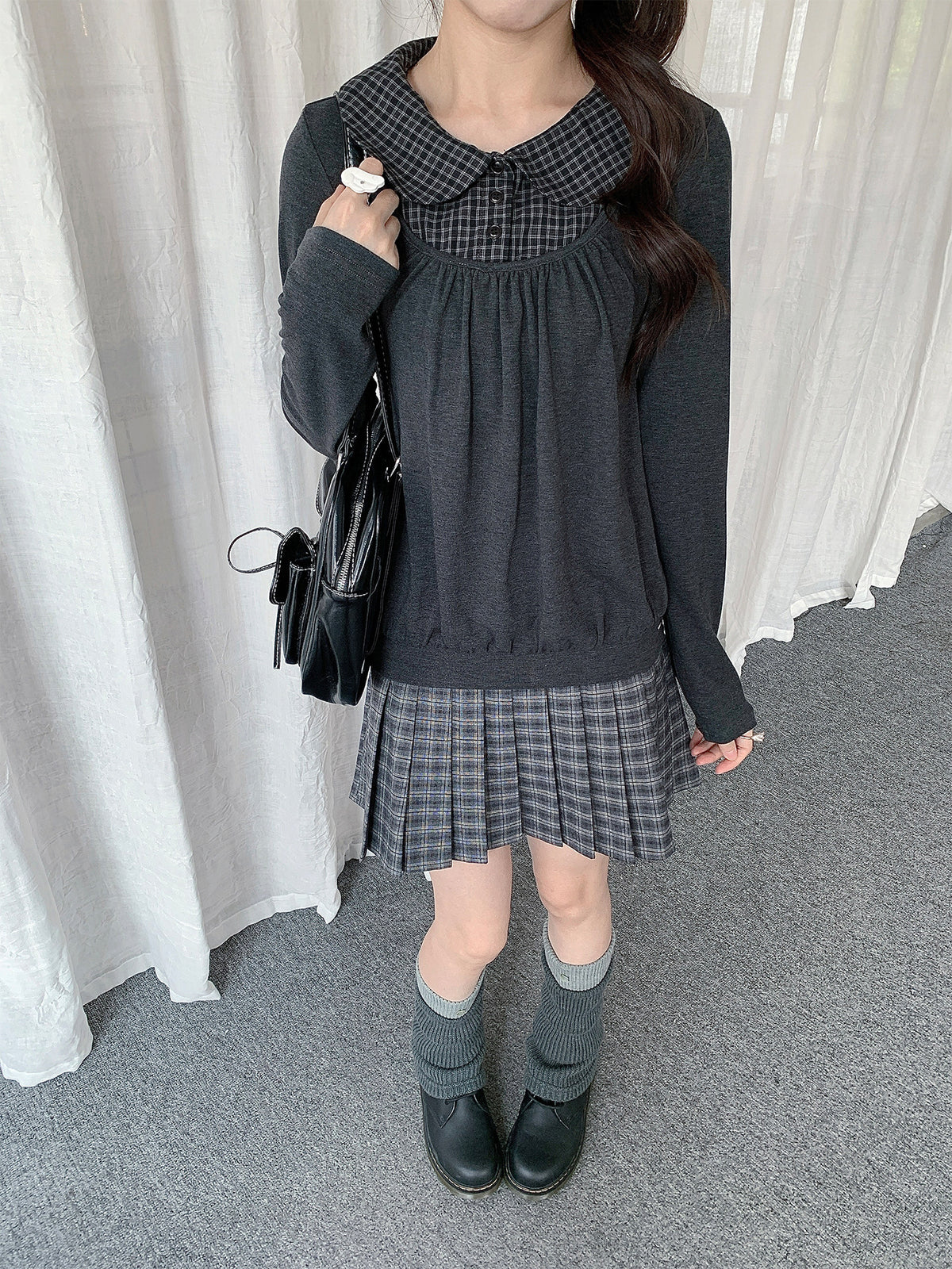 Plaid Collar Layered Long Sleeve Top