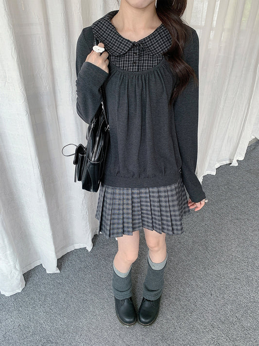 Plaid Collar Layered Long Sleeve Top