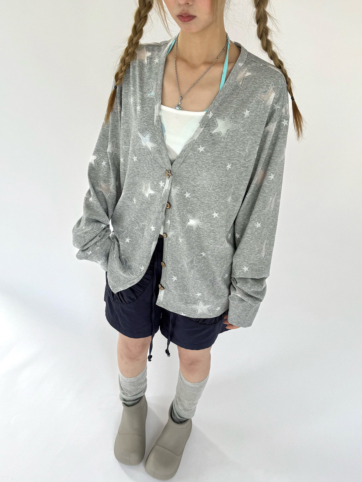 Star Print Lightweight V-Neck Cardigan