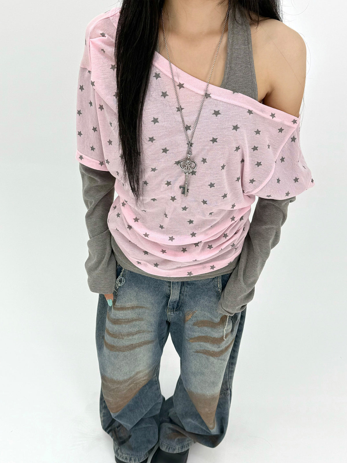 Star Print Faux-Layered Off-Shoulder Long Sleeve Top