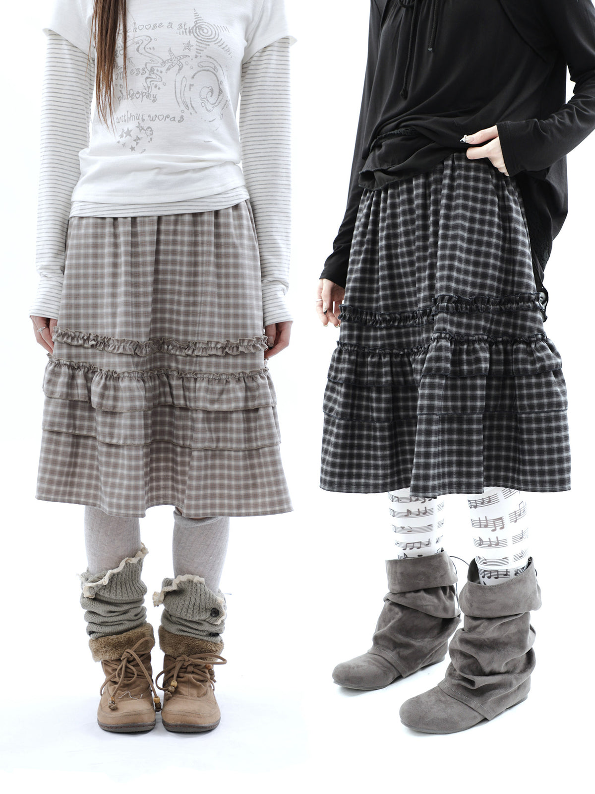 Plaid Ruffle-Tiered Midi Skirt