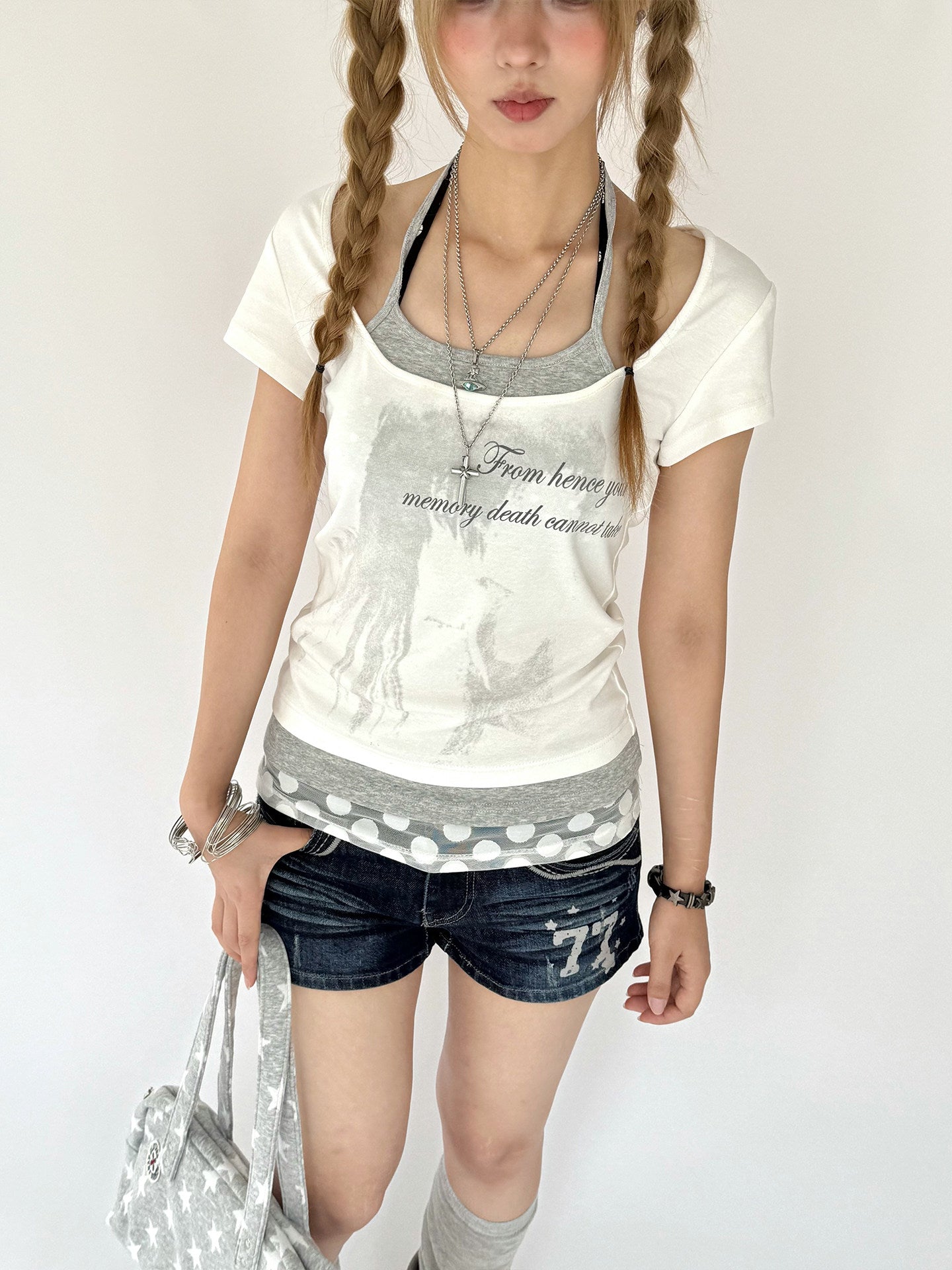 White Gardenia Faux-Layer Halter Graphic Tee