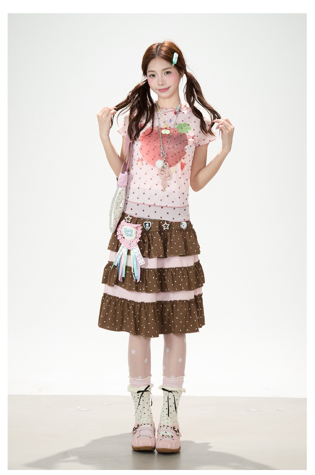 Star Mesh Baby Tee & White Wide-Leg Pants