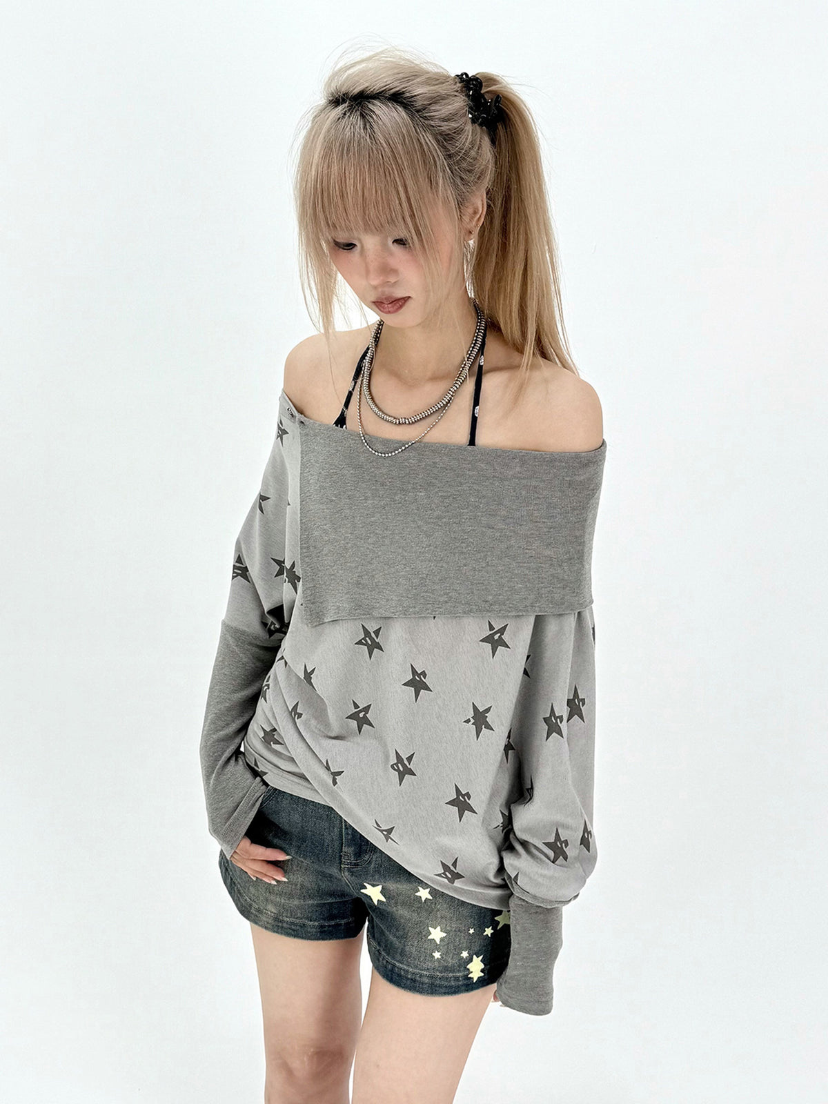 Star Print Draped Off-Shoulder Long Sleeve Top