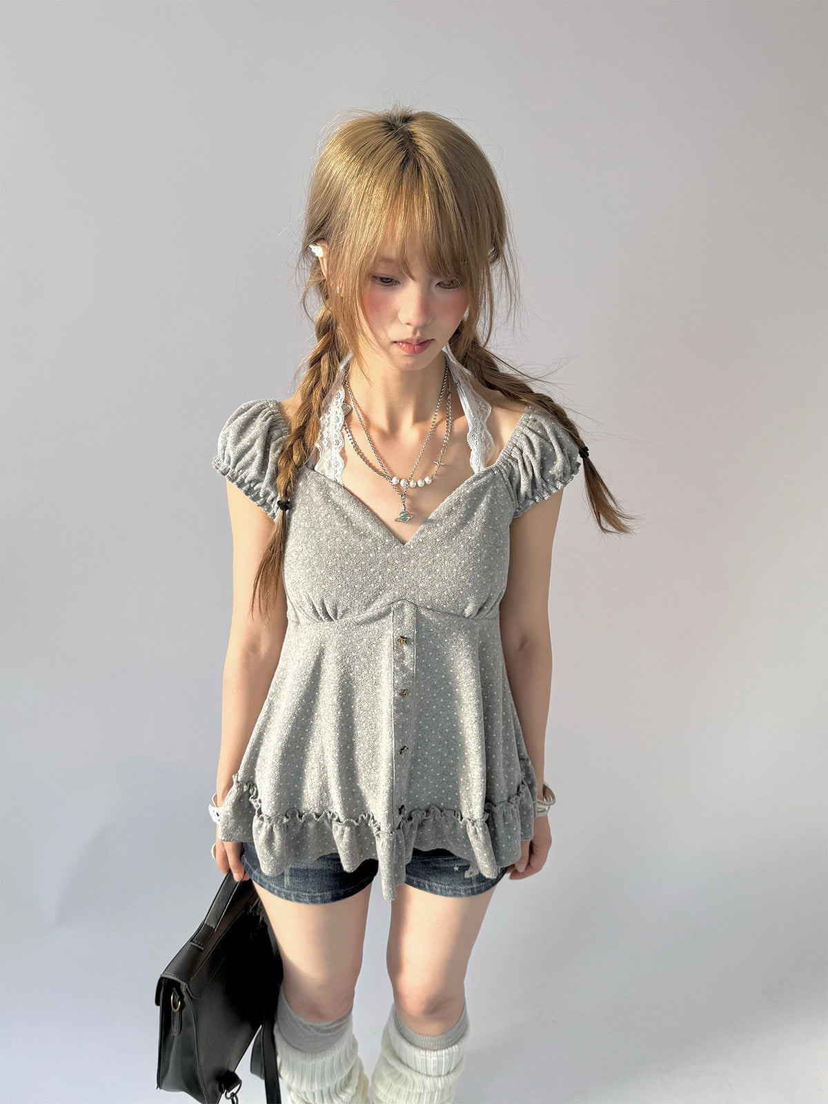 Polka Dot Lace Halter Ruffle Tee