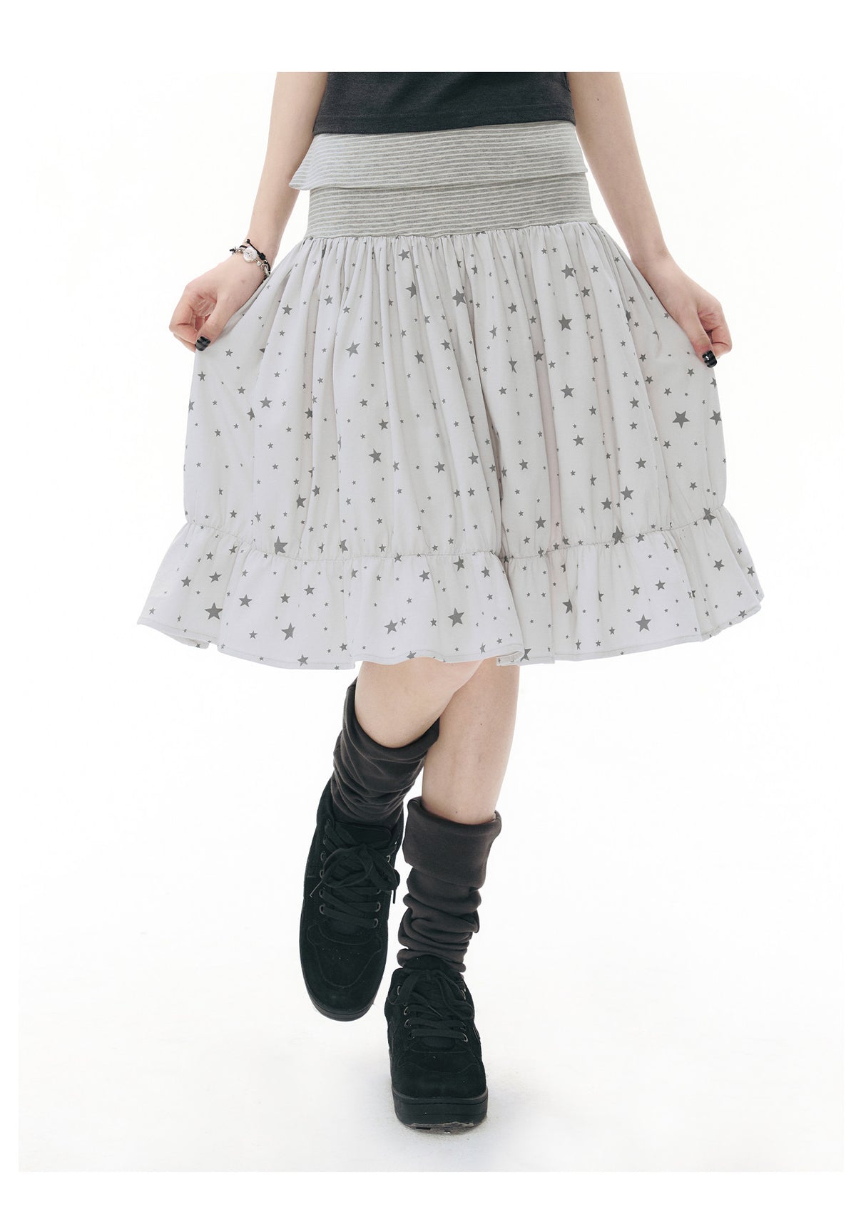 Star Print Striped-Waist Ruffle Midi Skirt