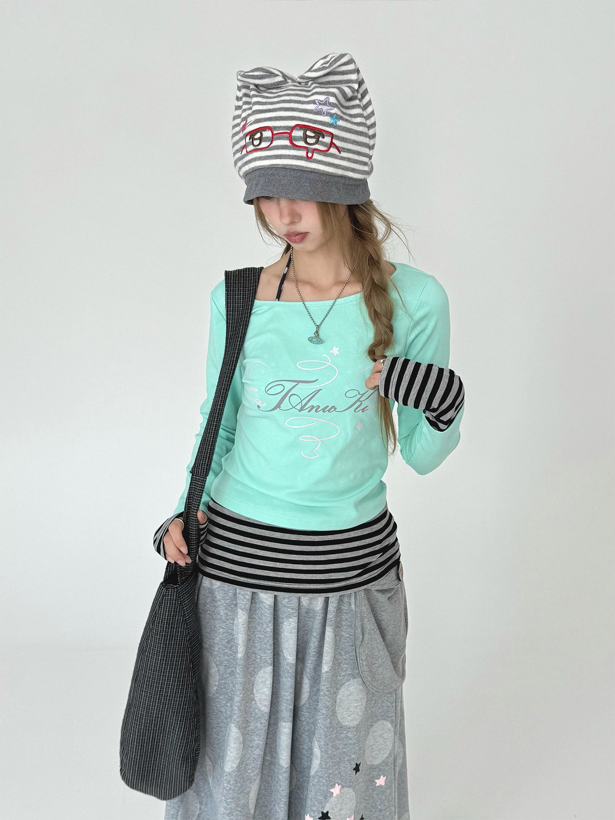 Mint Star Script Faux-Layered Long Sleeve Top
