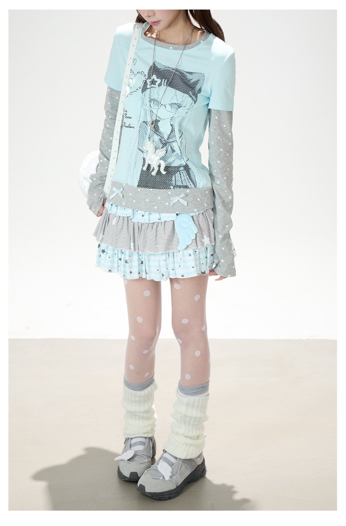 Anime Girl Polka-Dot Layered Long Sleeve Top & Star Tiered Ruffle Mini Skirt