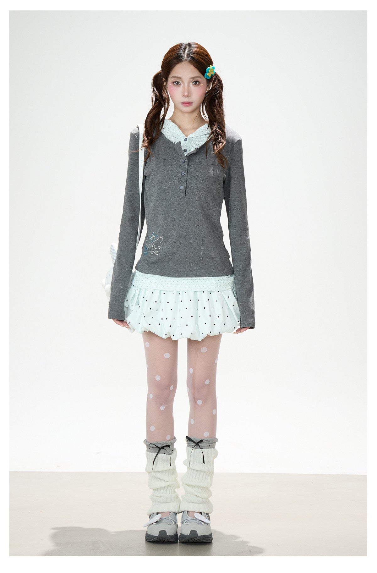 Polka Dot Layered Hooded Long Sleeve Top & Lace-Trim Bubble Mini Skirt
