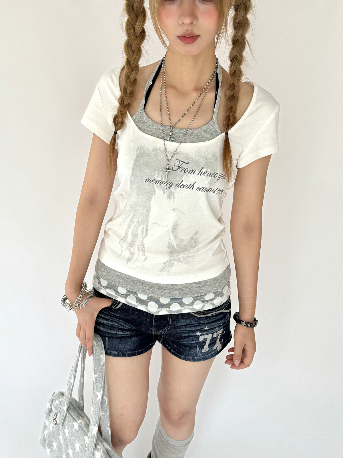 Halter-Layered Graphic Short Sleeve Top