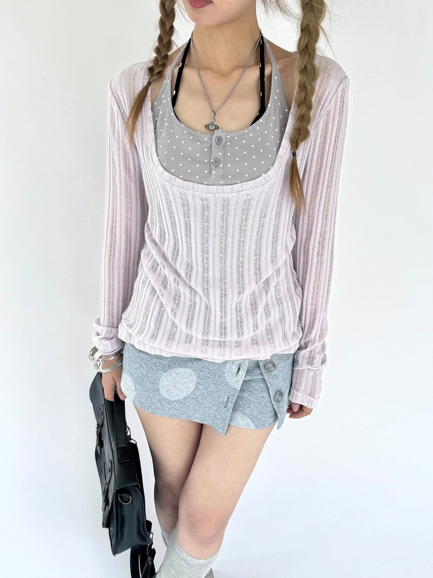 Wisteria Open-Knit Faux-Layer Long Sleeve Top