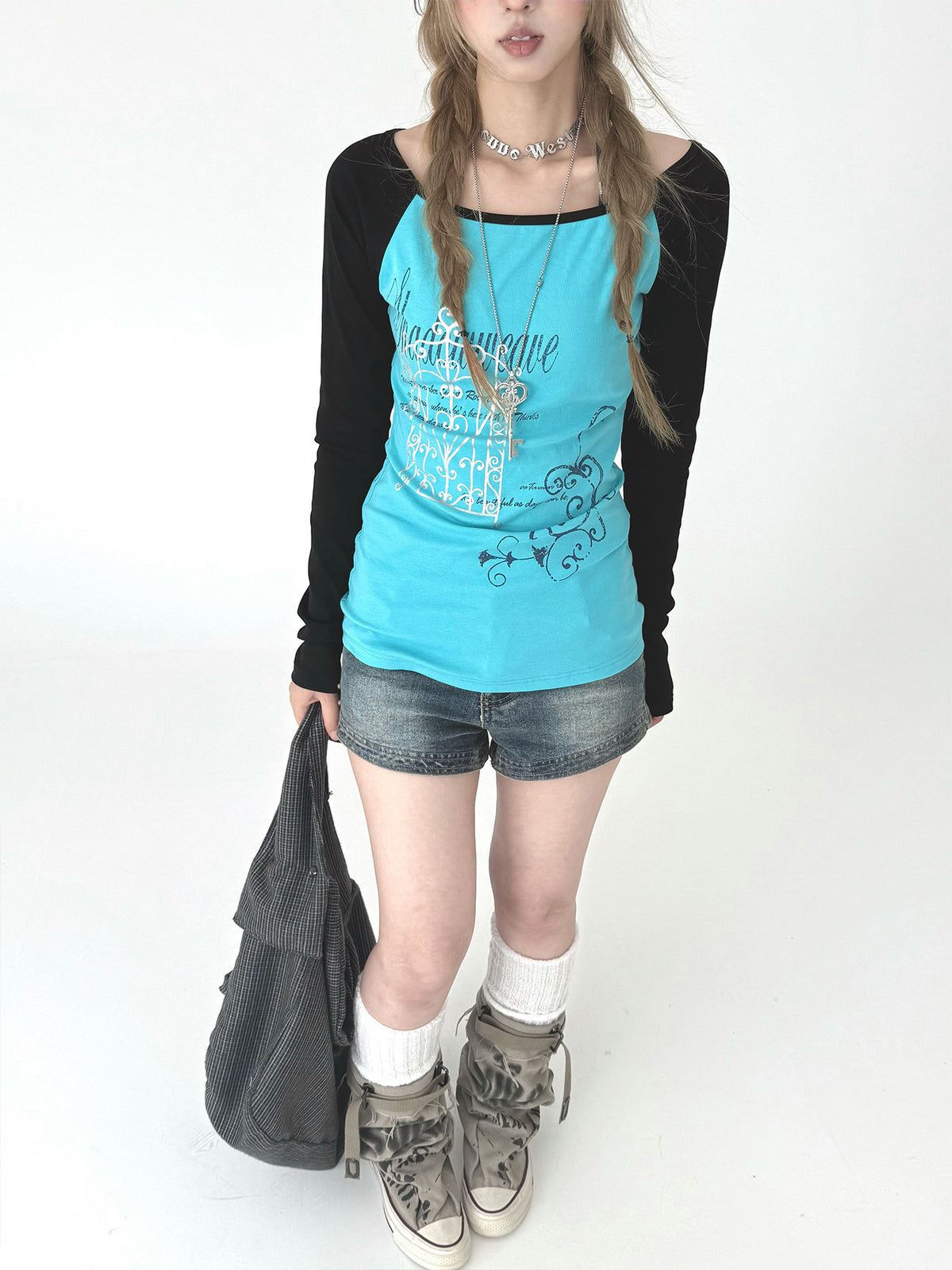 Aqua Contrast Graphic Raglan Long Sleeve Top