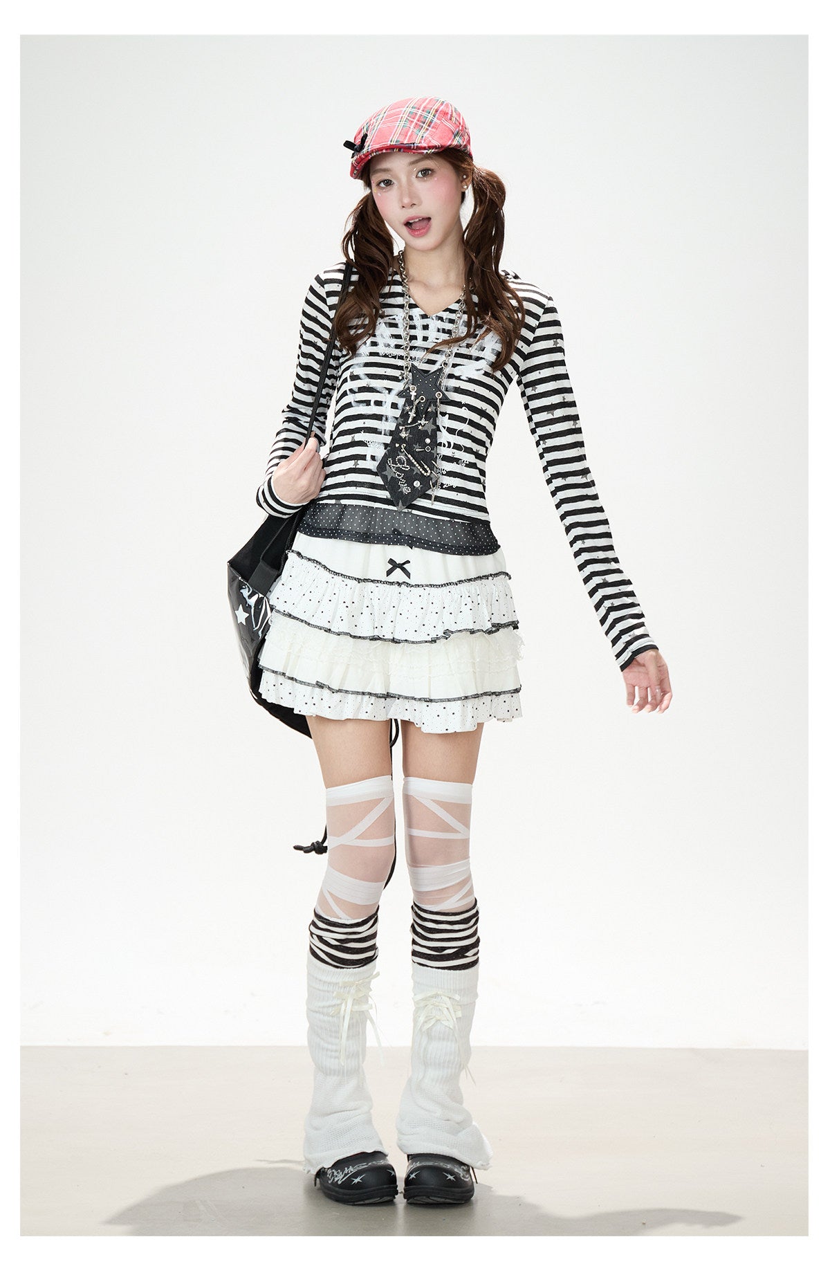 Star Stripe Bunny-Ear Hooded V-Neck Long Sleeve Top