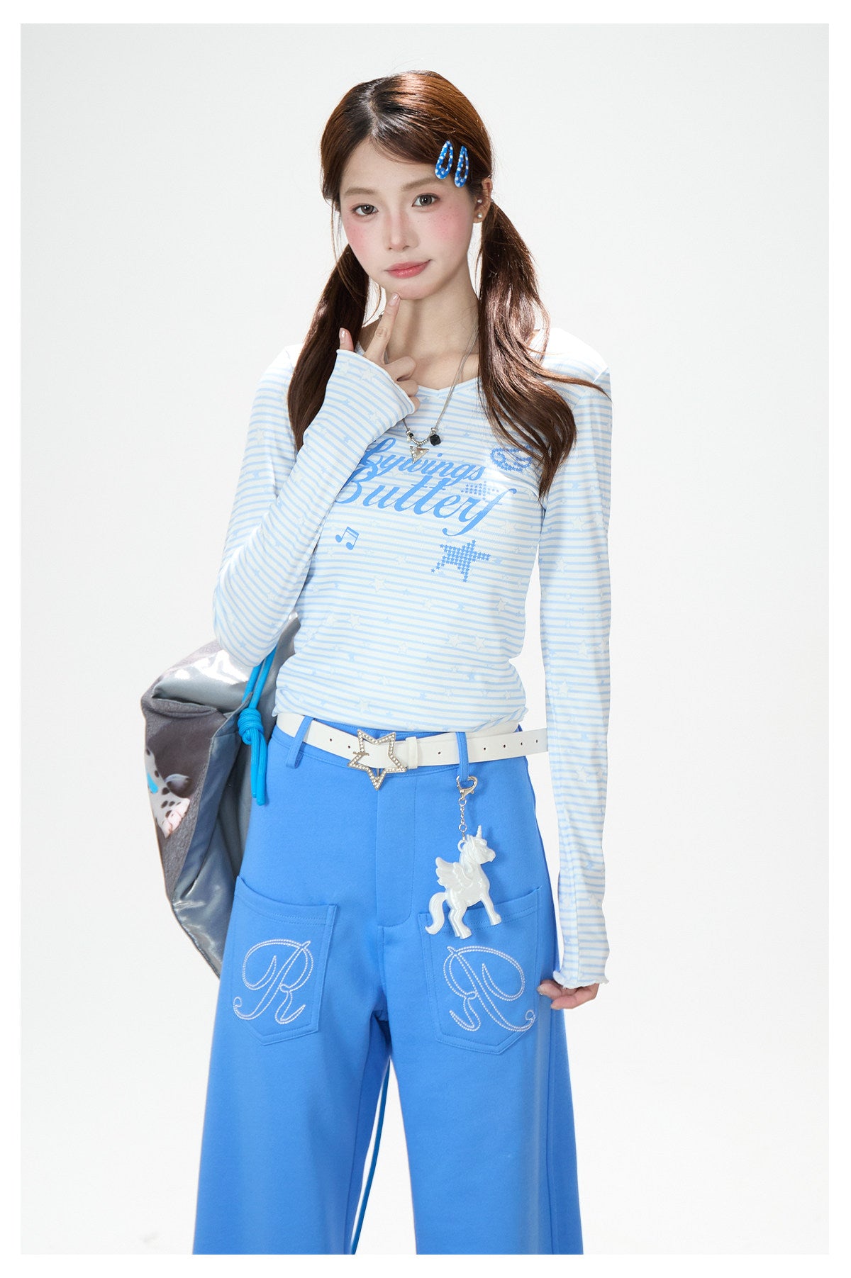 Star Stripe Long Sleeve Top & Blue Wide-Leg Pants