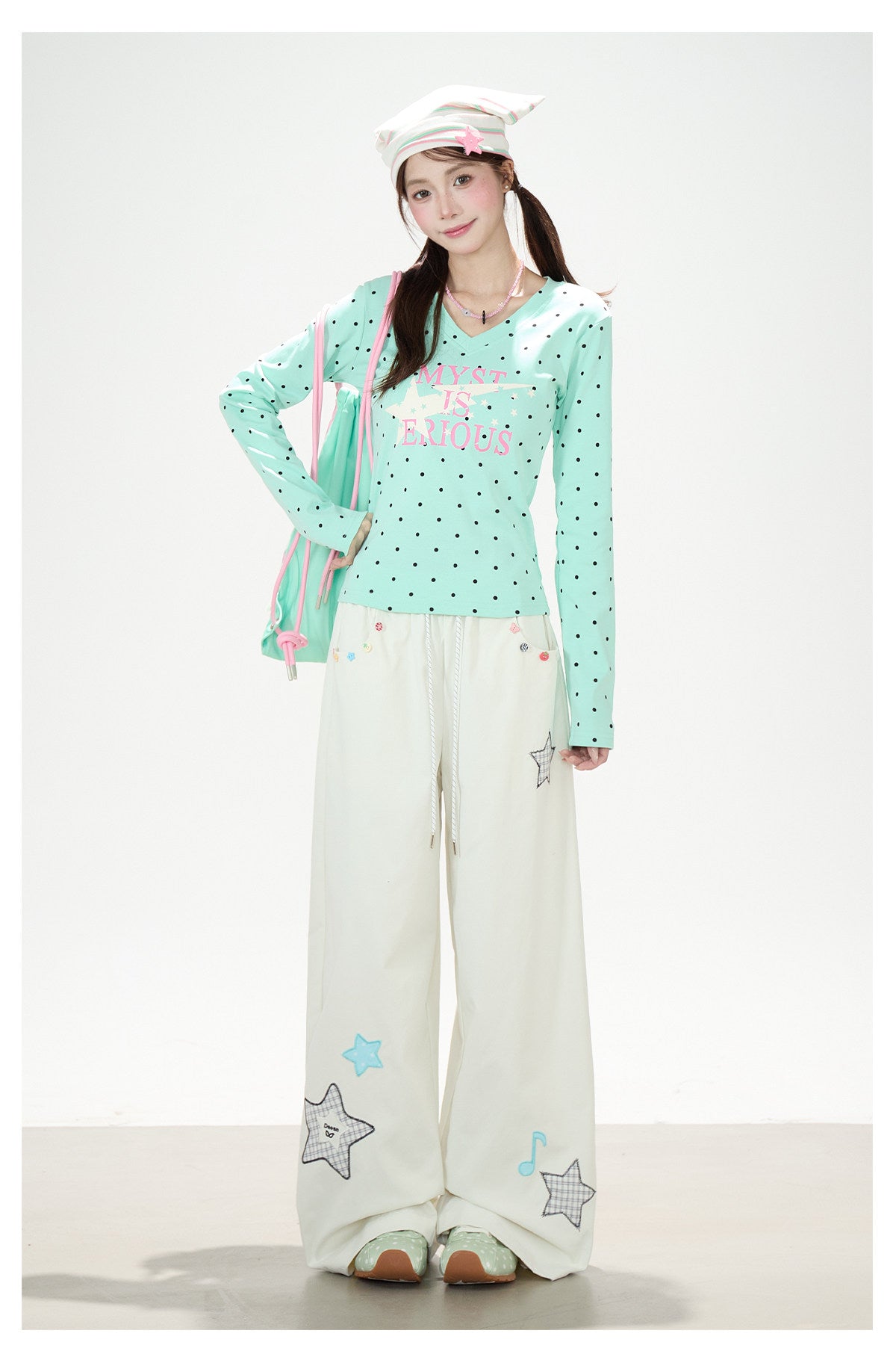 Polka-Dot V-Neck Long Sleeve Top & Star Music Note Wide-Leg Pants