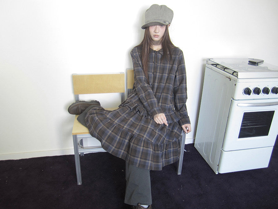 Plaid Ruffle-Hem Long Sleeve Shirt Dress