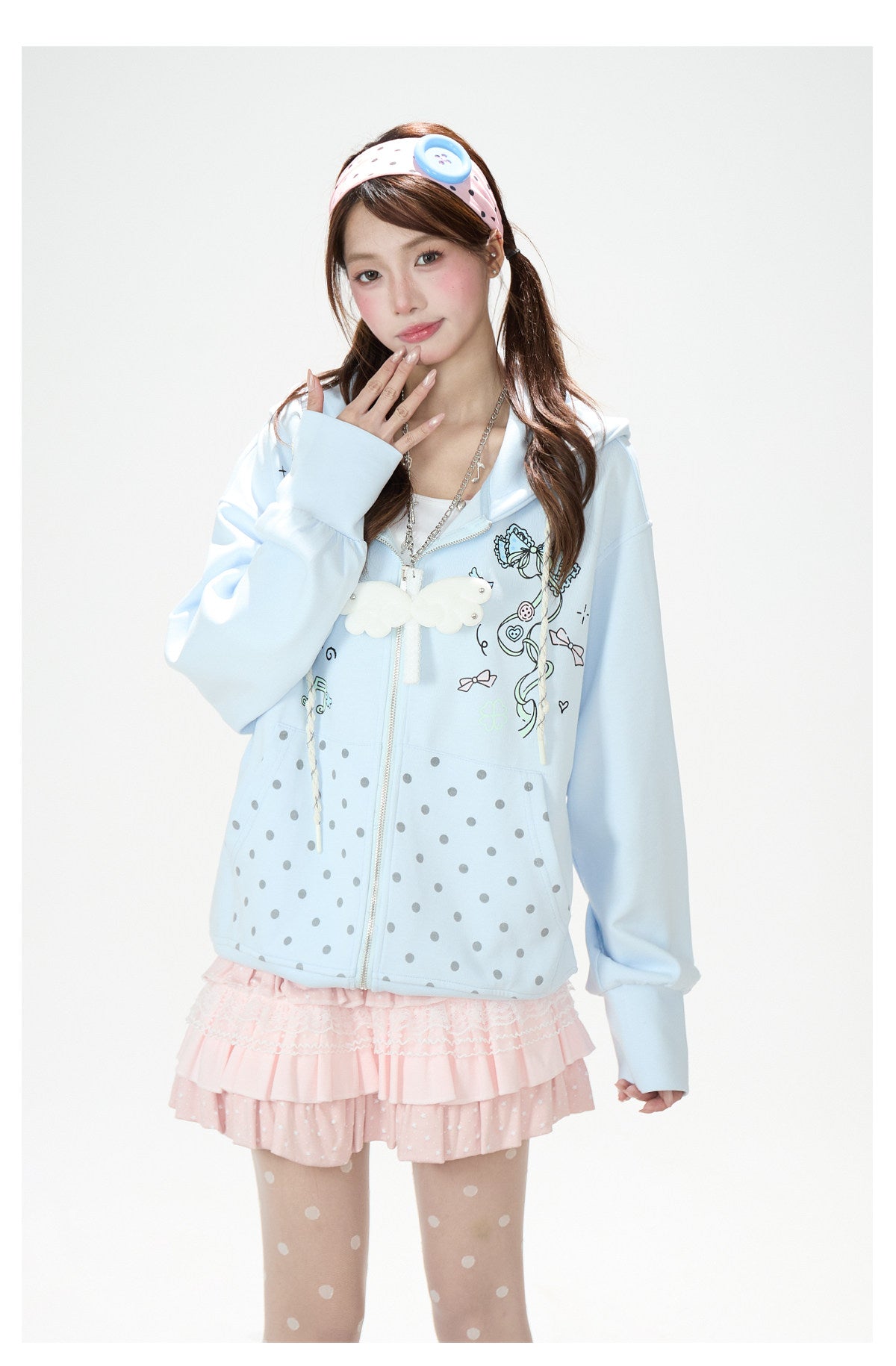 Hand-Drawn Polka-Dot Zip-Up Hoodie & Pink Ruffle Mini Skirt