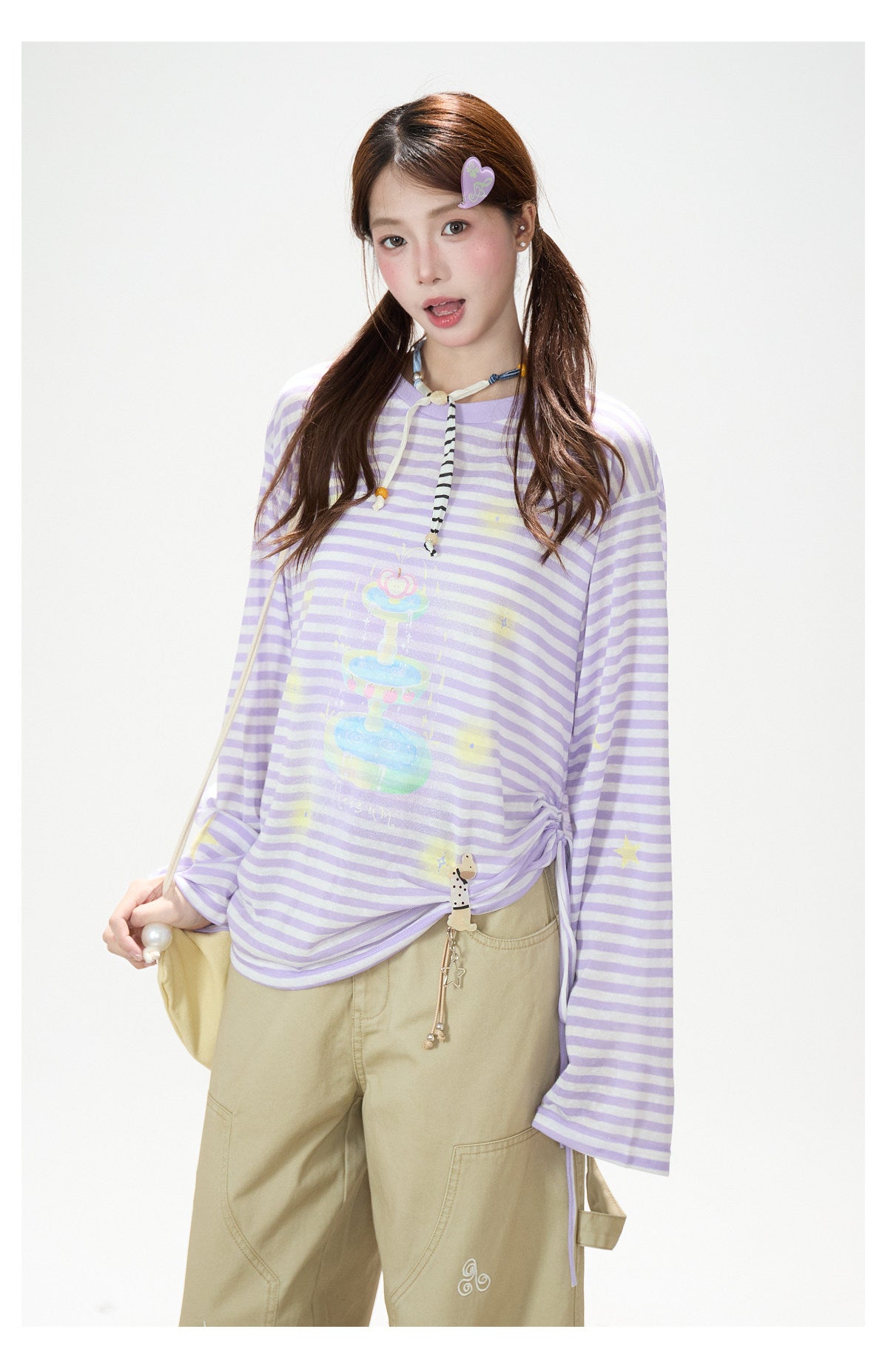 Pastel Stripe Cartoon Drawstring Long Sleeve Top & Khaki Wide-Leg Pants