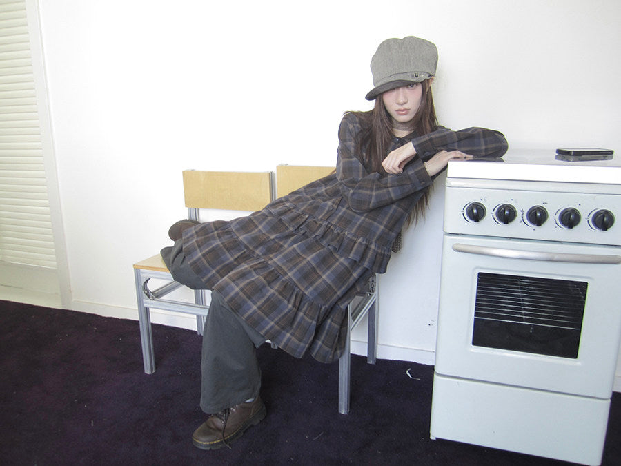 Plaid Ruffle-Hem Long Sleeve Shirt Dress