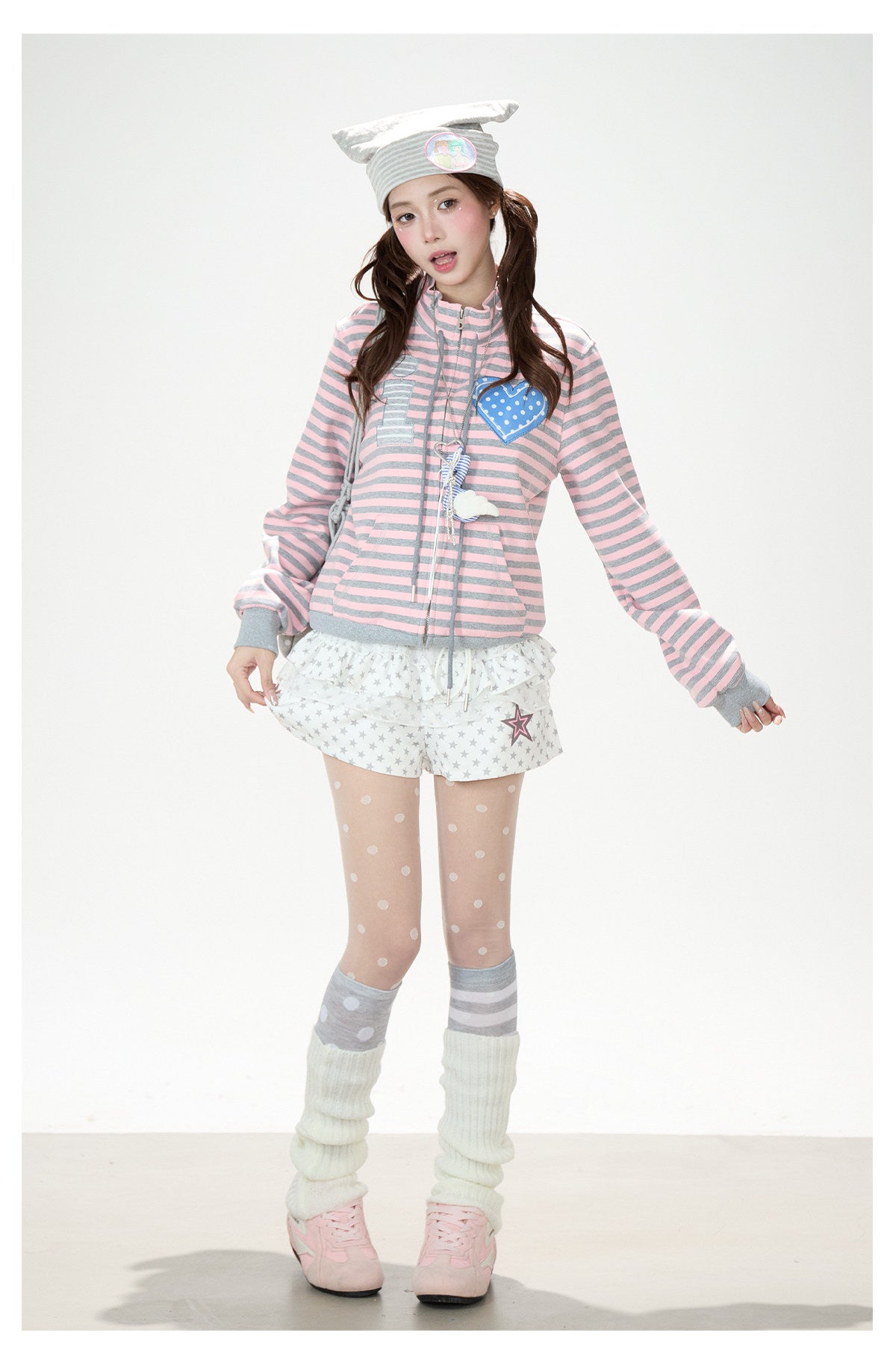 Heart Stripe Zip-Up Sweatshirt Jacket & White Star Shorts