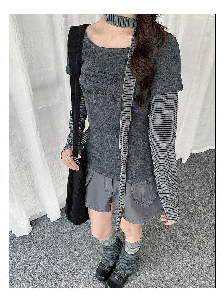 Striped Scarf Layered Long Sleeve Top