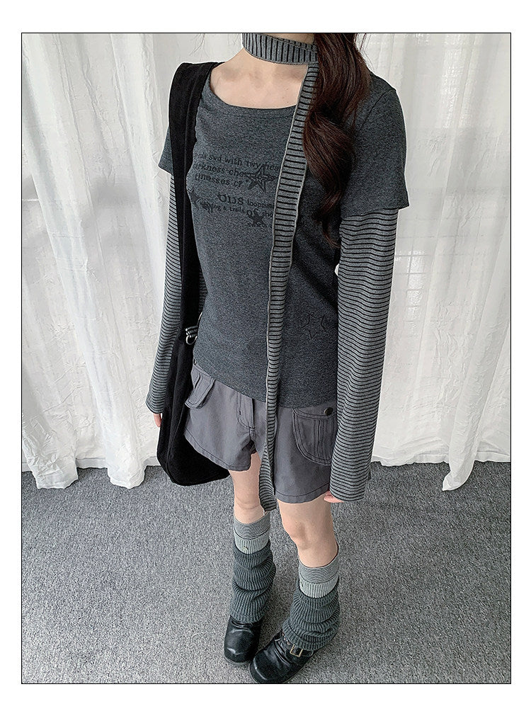 Striped Scarf Layered Long Sleeve Top