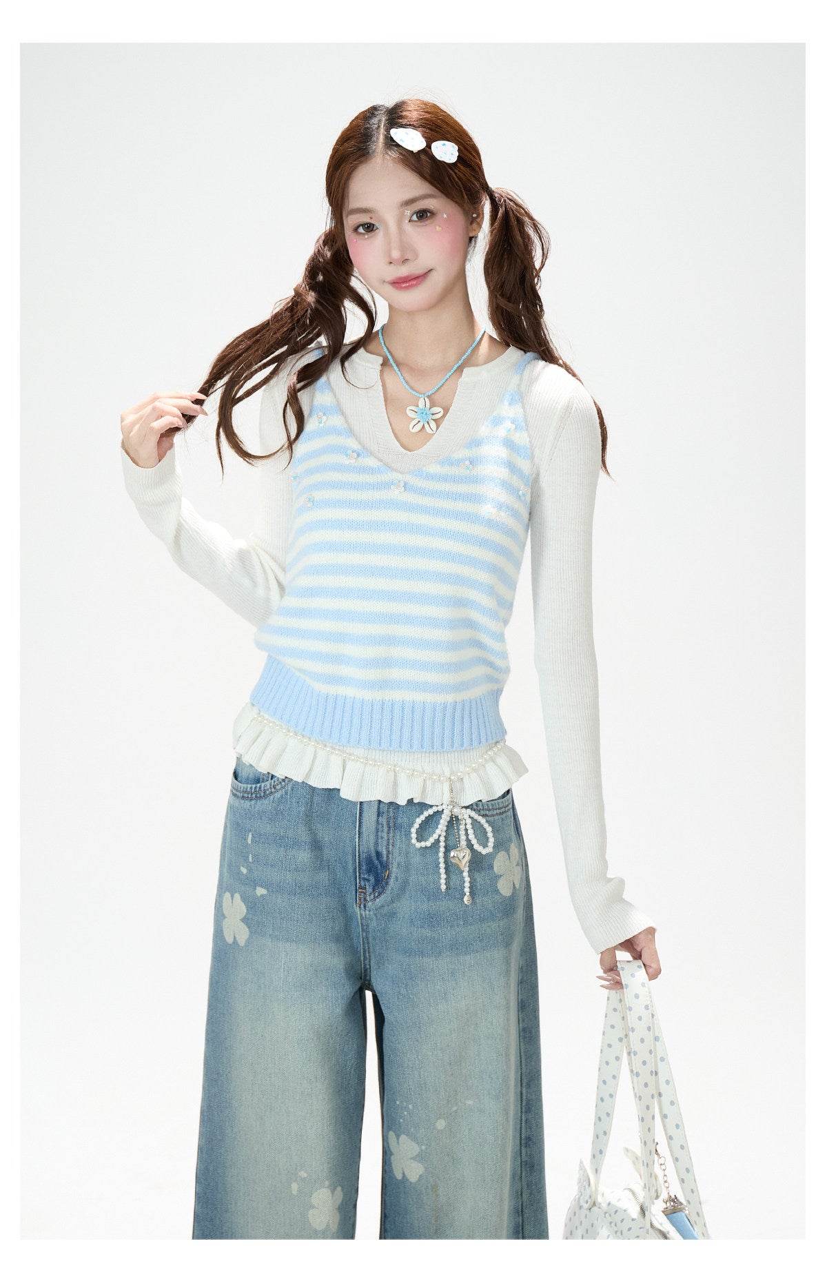 Soft Stripe Knit Vest & Long Sleeve Layered Two-Piece Set