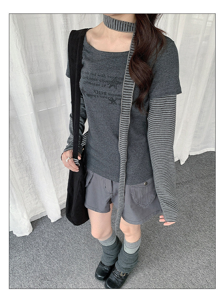 Striped Scarf Layered Long Sleeve Top