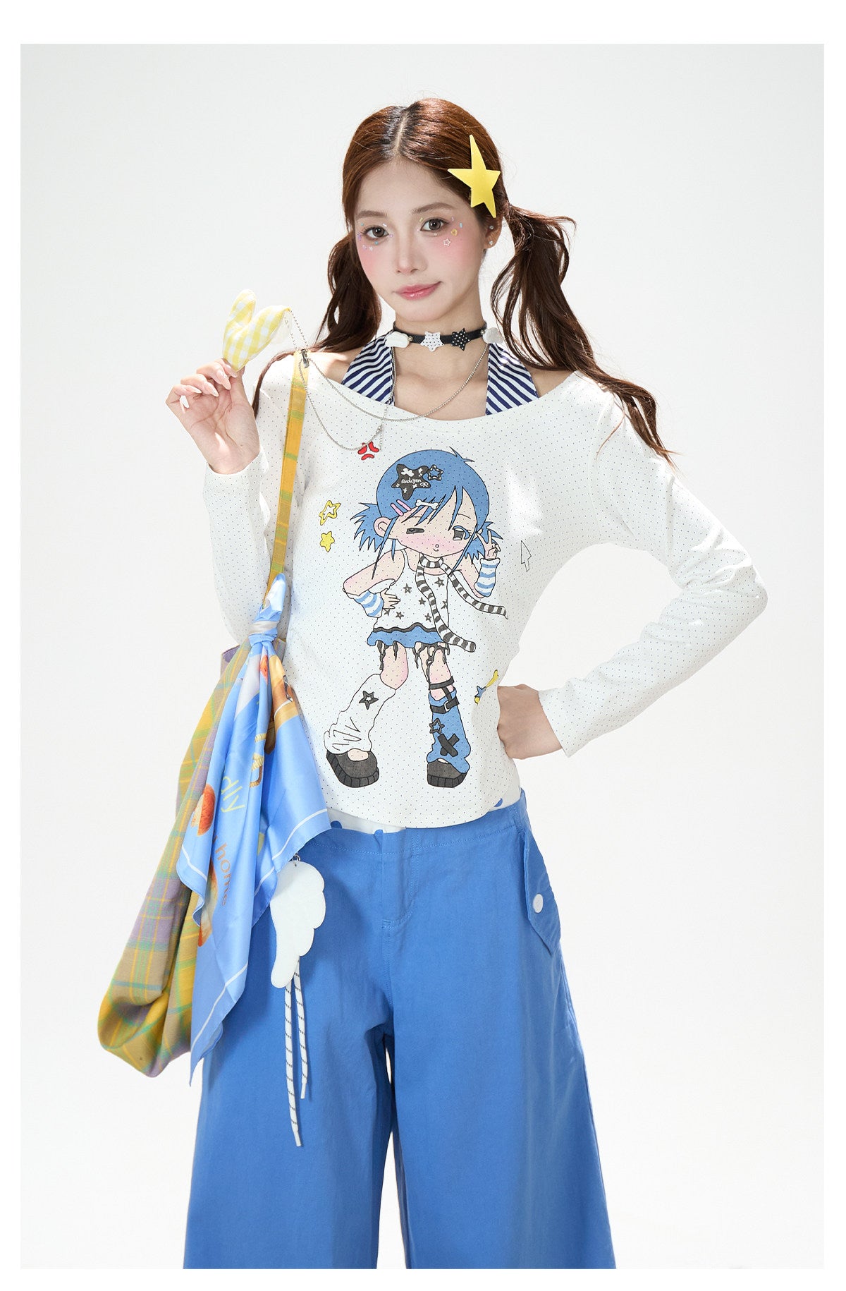 Cartoon Girl Faux-Layered Long Sleeve Top & Polka Dot Waist Wide-Leg Pants