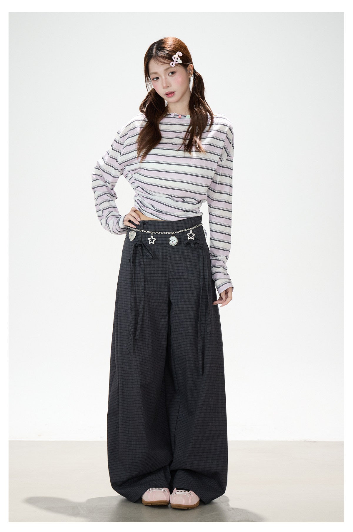 Striped Off-Shoulder Long Sleeve Top & Black Wide-Leg Pants