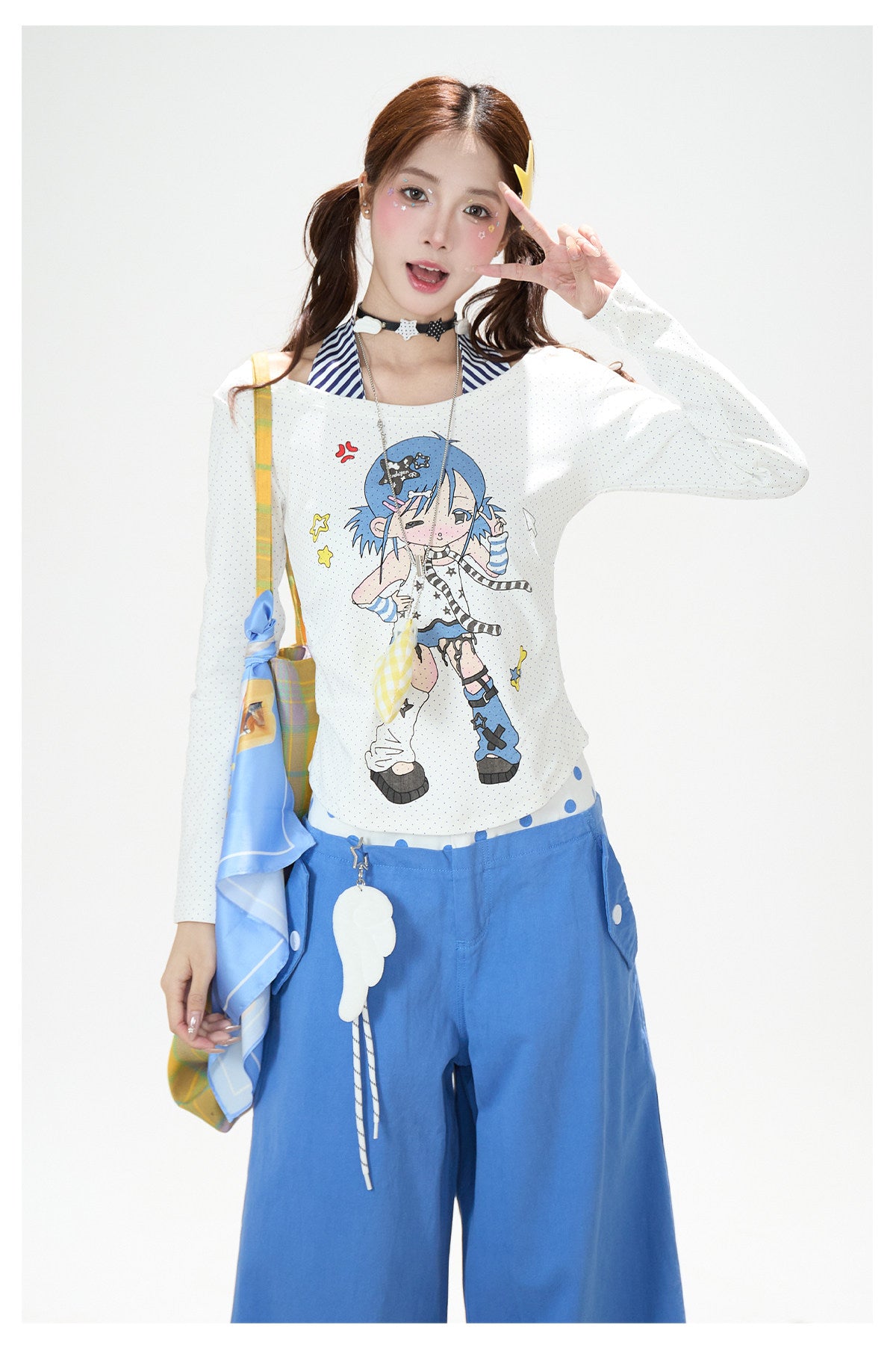 Cartoon Girl Faux-Layered Long Sleeve Top & Polka Dot Waist Wide-Leg Pants