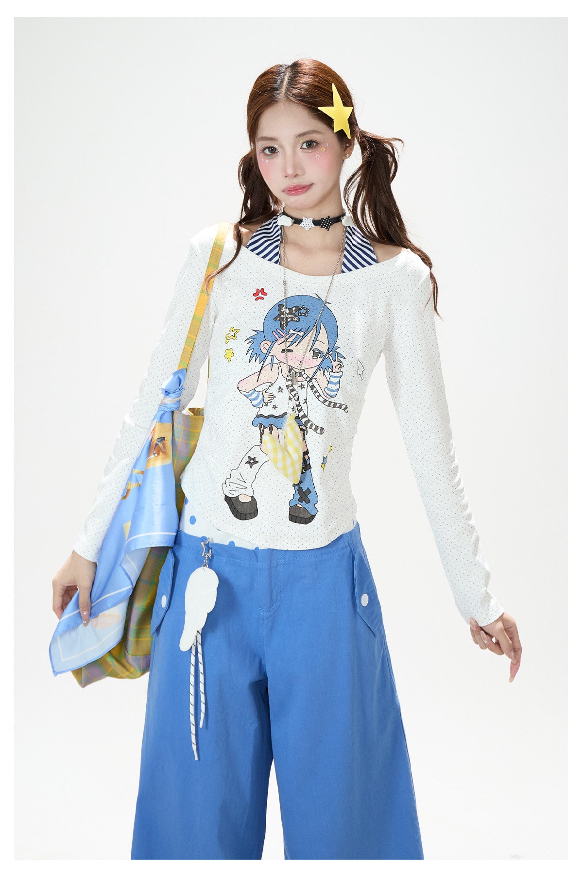 Cartoon Girl Faux-Layered Long Sleeve Top & Polka Dot Waist Wide-Leg Pants
