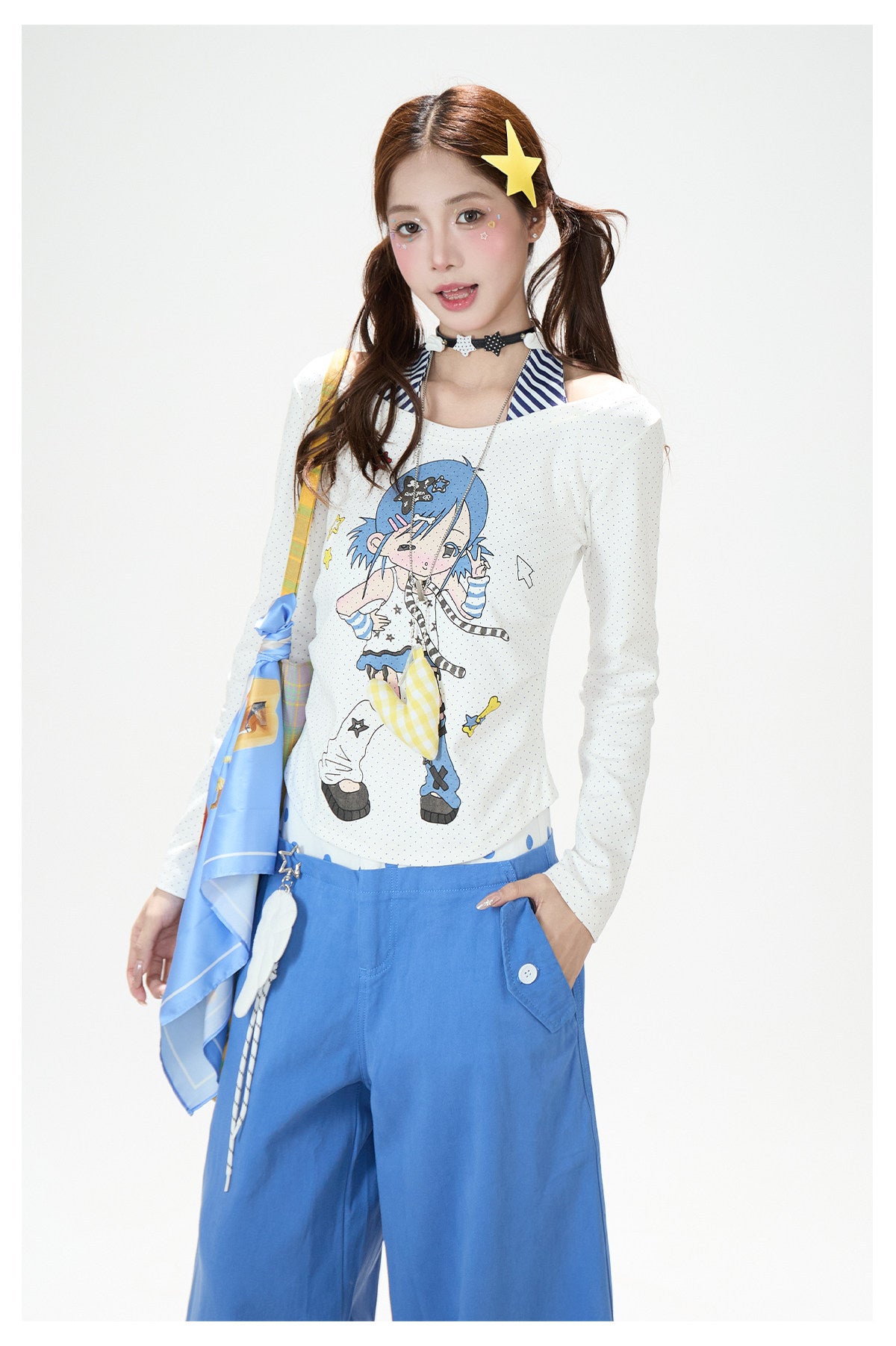 Cartoon Girl Faux-Layered Long Sleeve Top & Polka Dot Waist Wide-Leg Pants