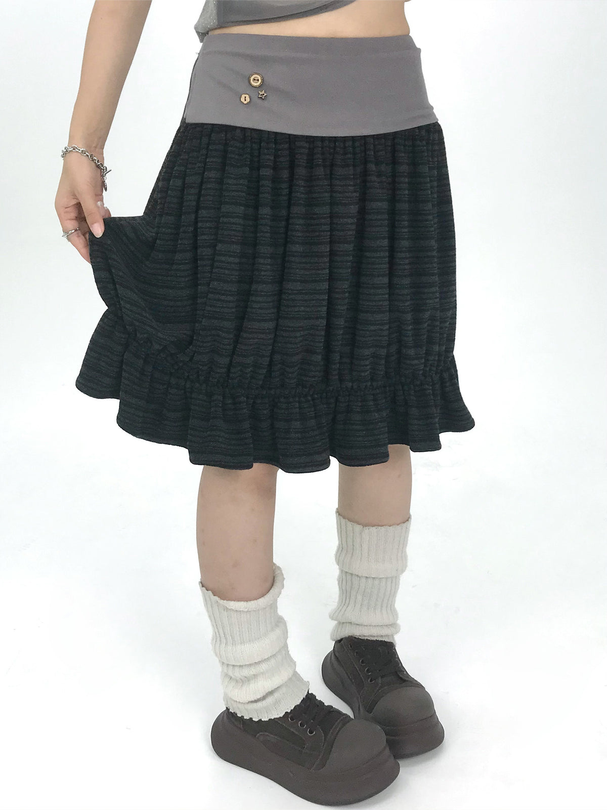 Contrast-Waist Textured Bubble Midi Skirt