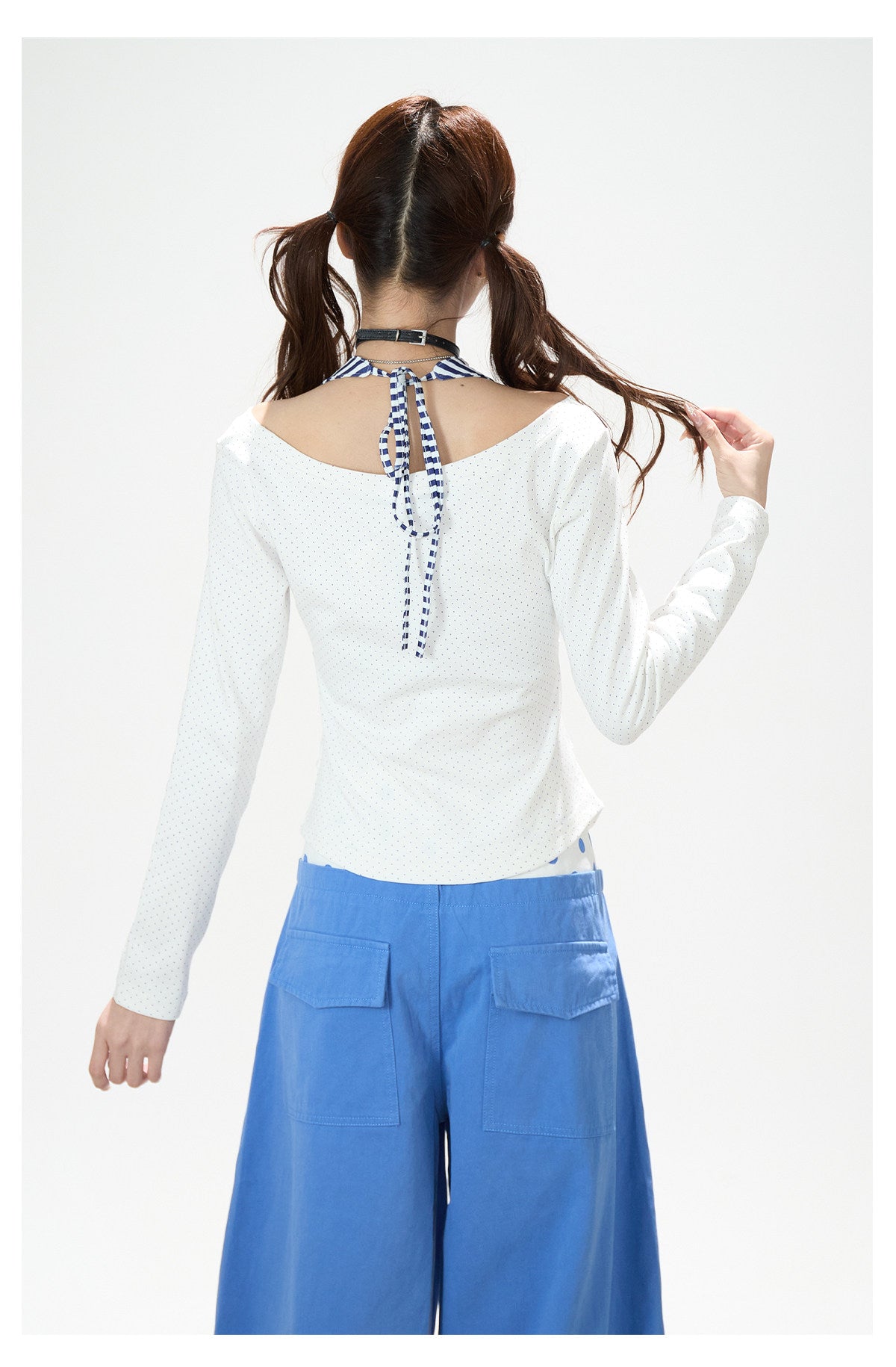 Cartoon Girl Faux-Layered Long Sleeve Top & Polka Dot Waist Wide-Leg Pants