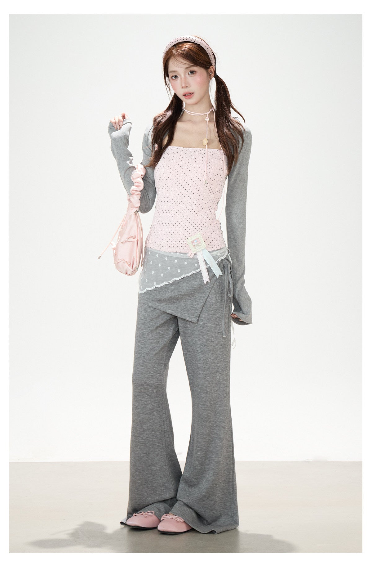 Polka-Dot Layered Cami Long Sleeve Top & Gray Ruffle Shorts