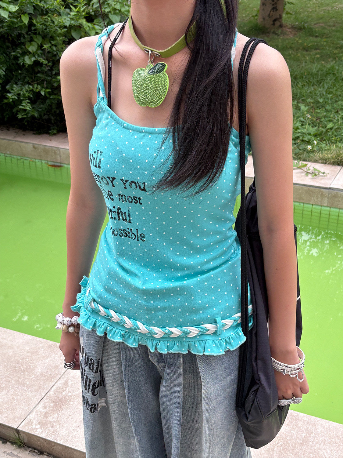 Aqua Polka Dot Braided Ruffle Tank Top