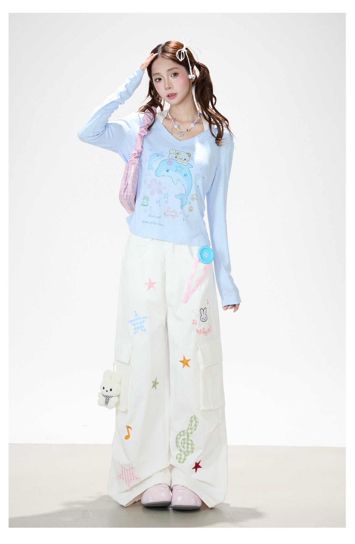 Cartoon Patch Embroidered Wide-Leg Cargo Pants