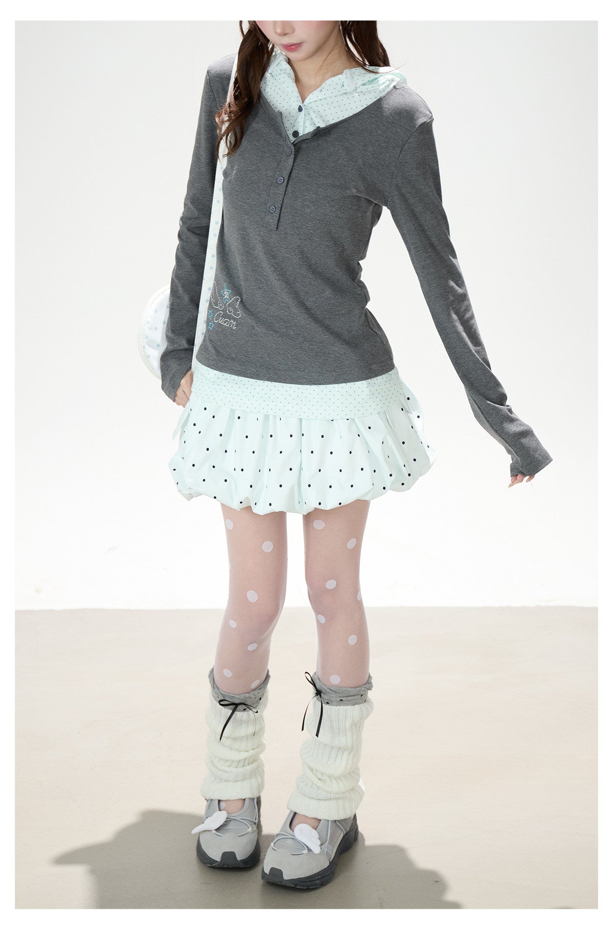 Polka Dot Layered Hooded Long Sleeve Top & Lace-Trim Bubble Mini Skirt