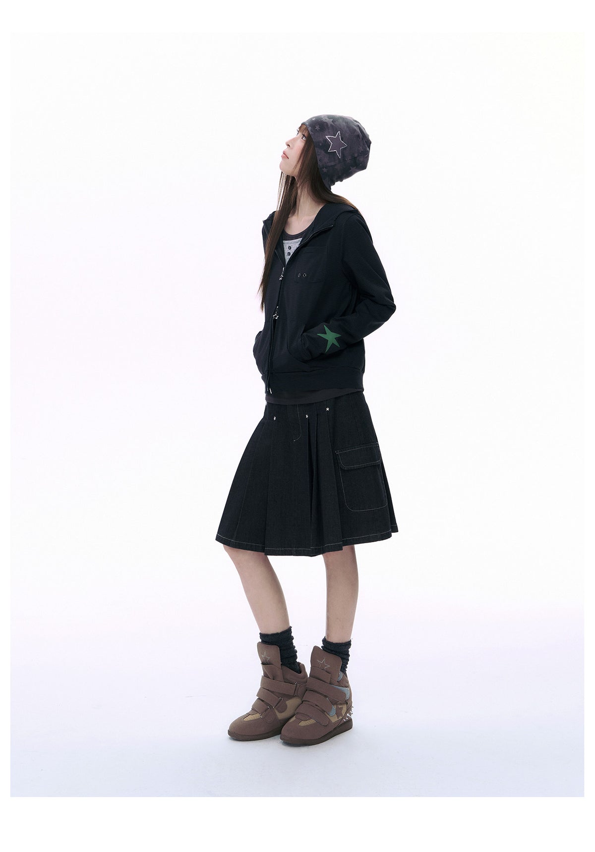Embroidered Star Pleated Denim Midi Skirt