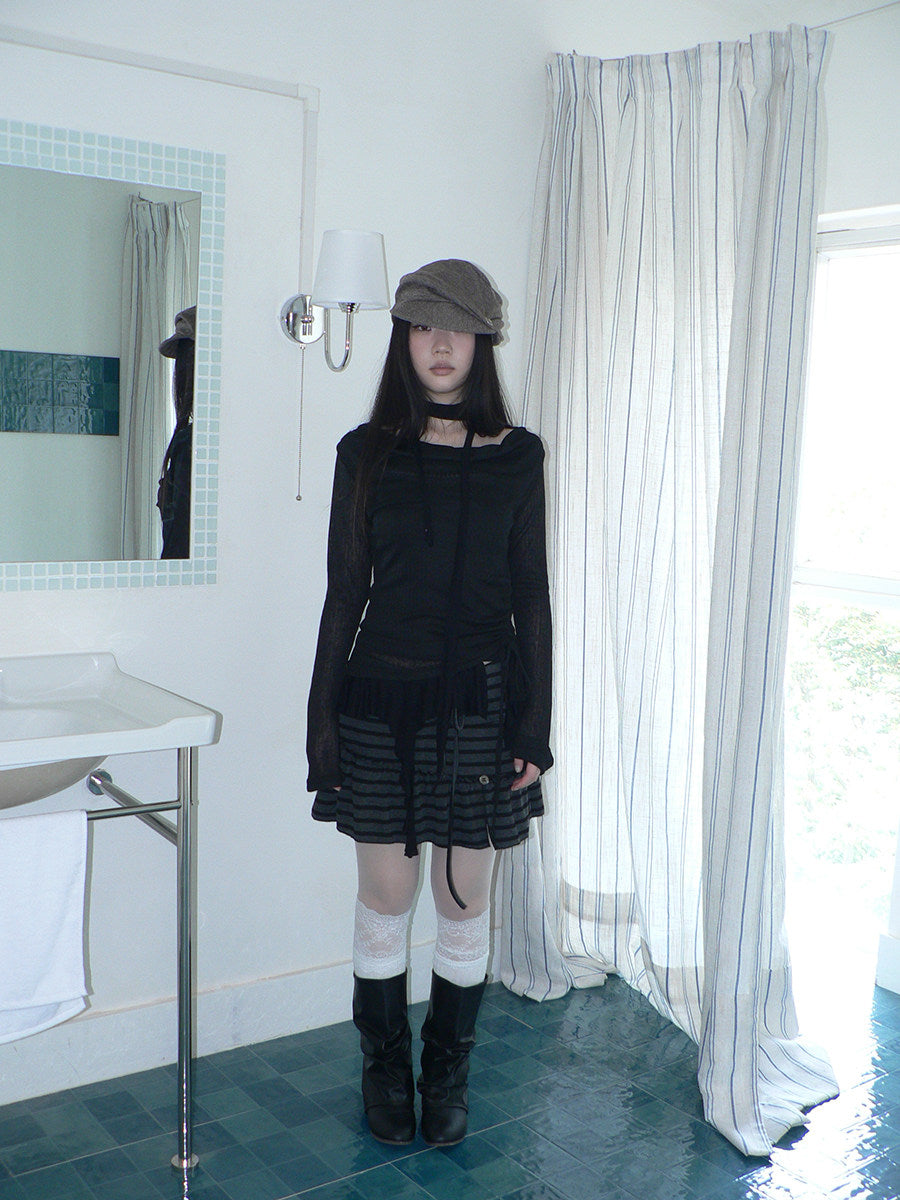 Striped Pleated Tie-Waist Mini Skirt