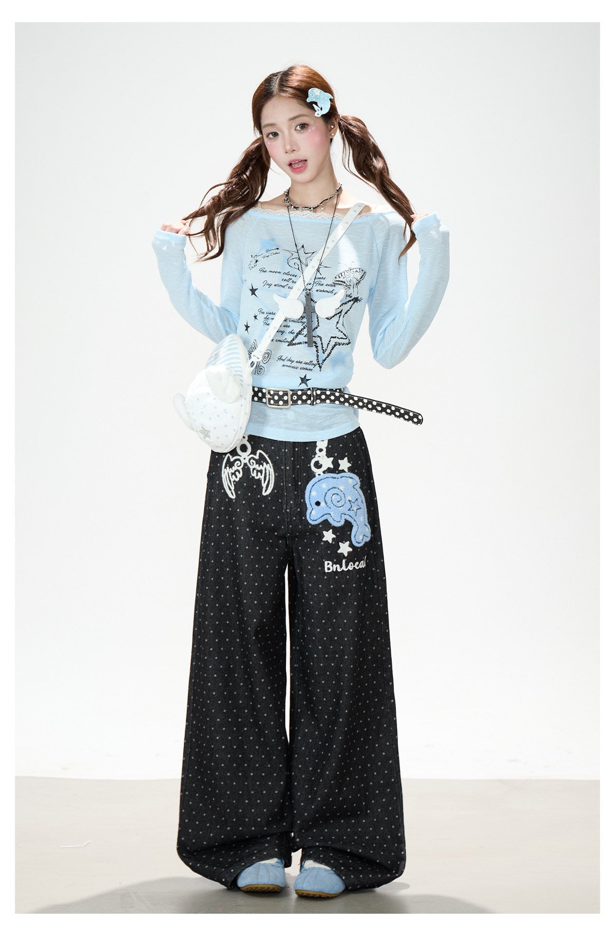 Dolphin Embroidered Polka Dot Wide-Leg Jeans