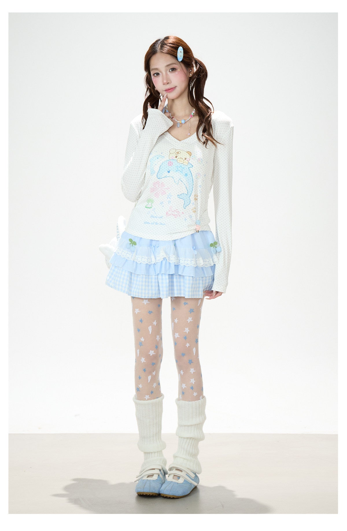 Dreamy Dolphin Polka-Dot V-Neck Long Sleeve Top & Gingham Ruffle Mini Skirt