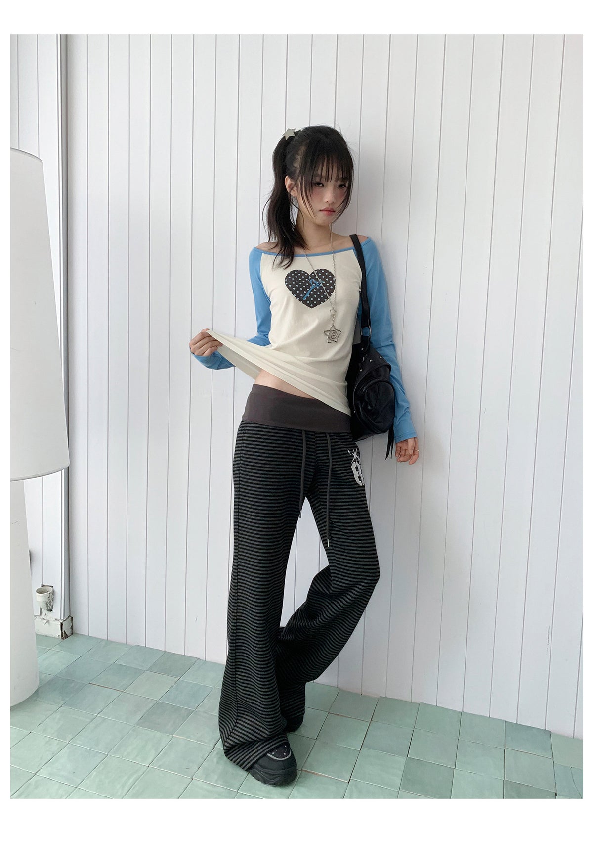 Polka Dot Heart Key Contrast Raglan Long Sleeve Tee