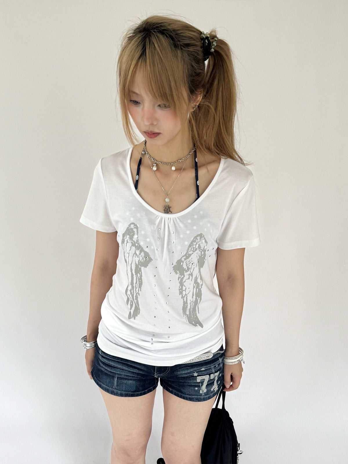 Angel Wing Rhinestone Ruched Tee