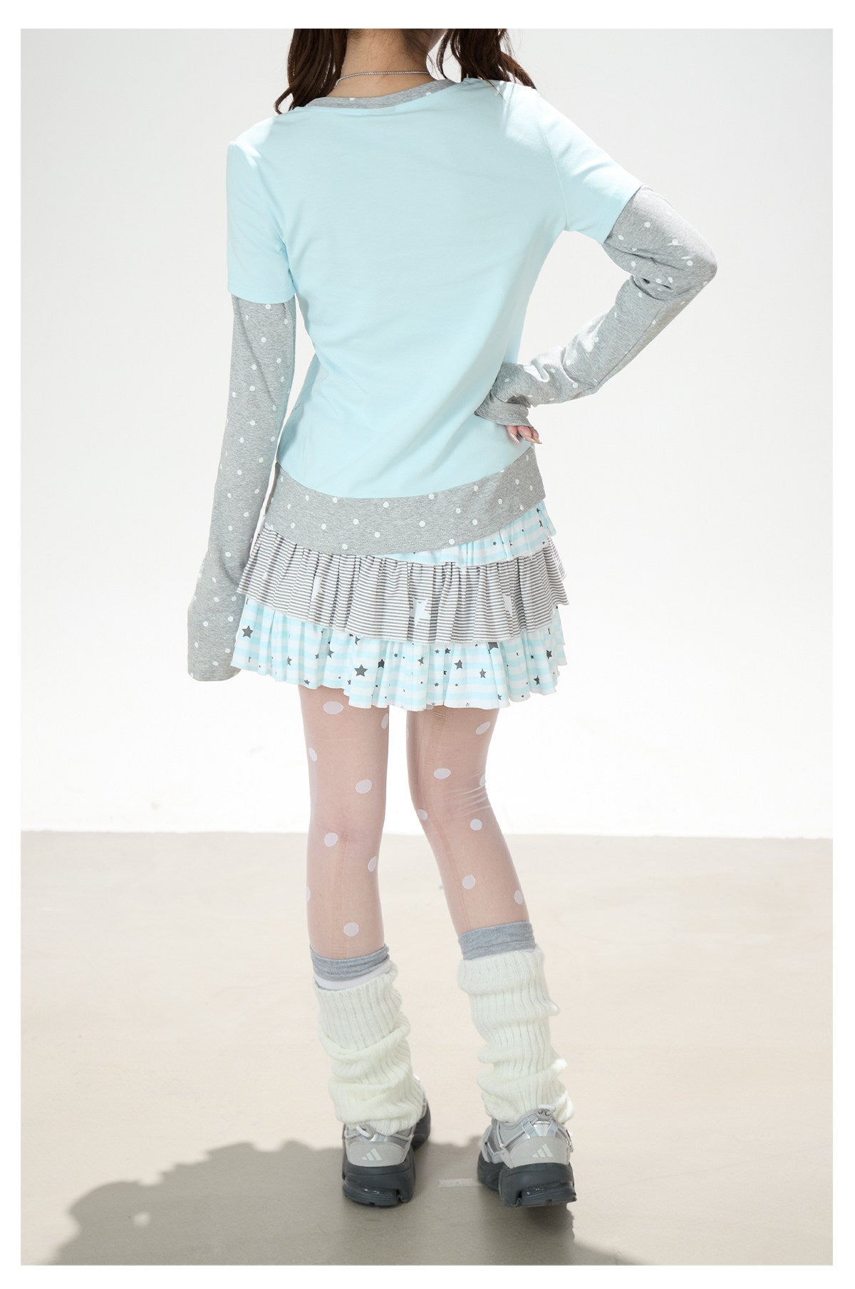 Anime Girl Polka-Dot Layered Long Sleeve Top & Star Tiered Ruffle Mini Skirt