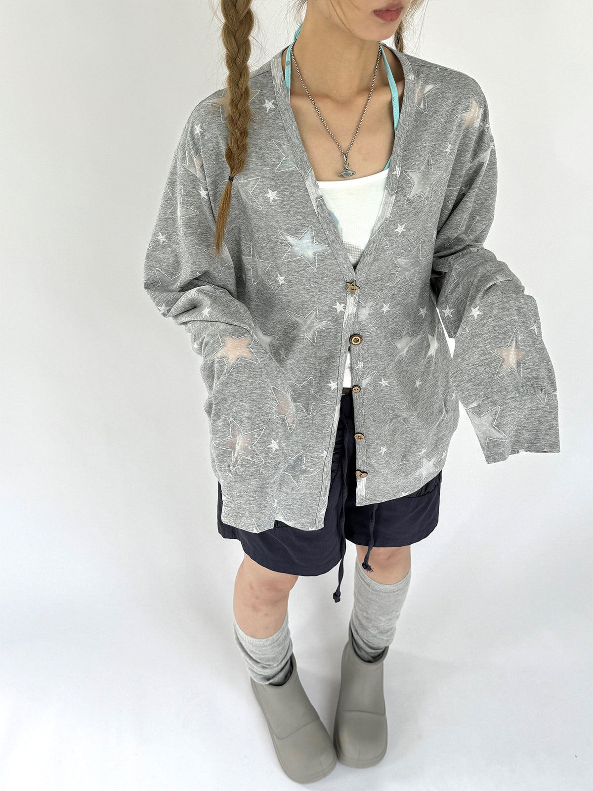 Star Print Lightweight V-Neck Cardigan