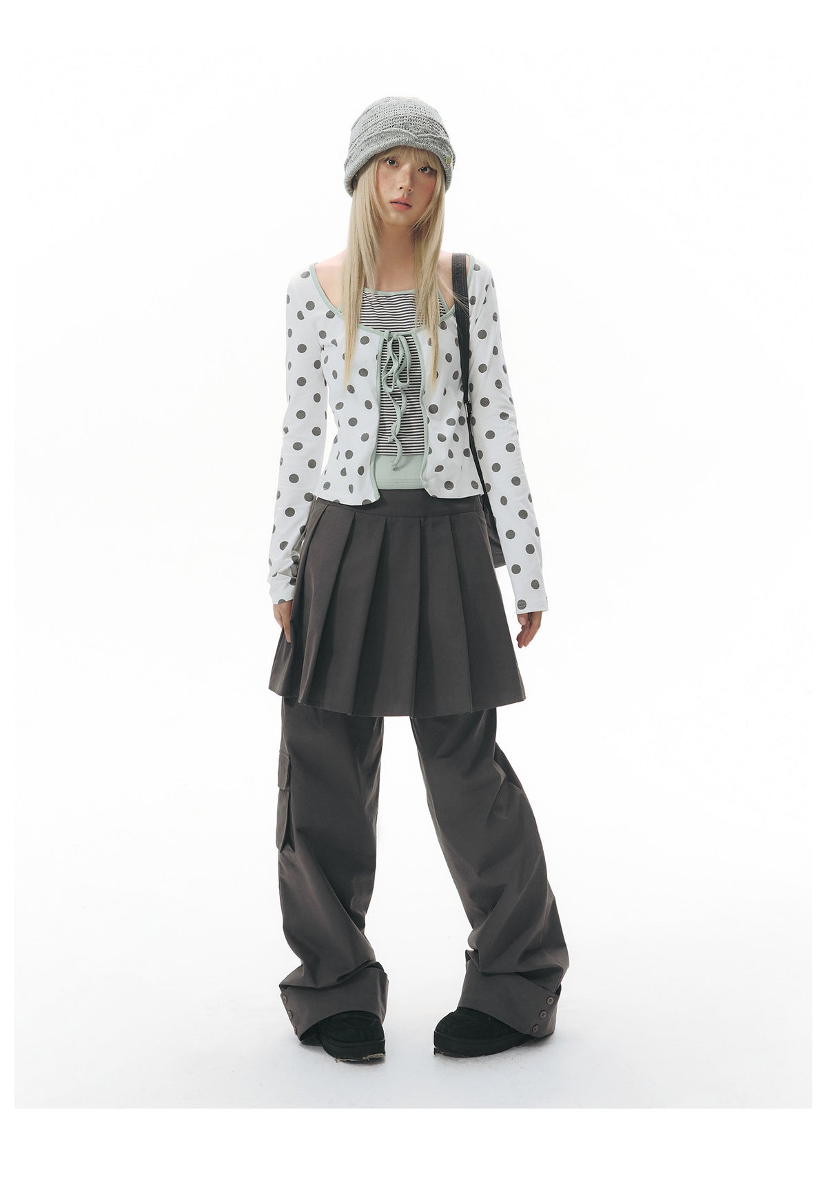 Polka Dot Tie-Front Layered Halter Long Sleeve Top